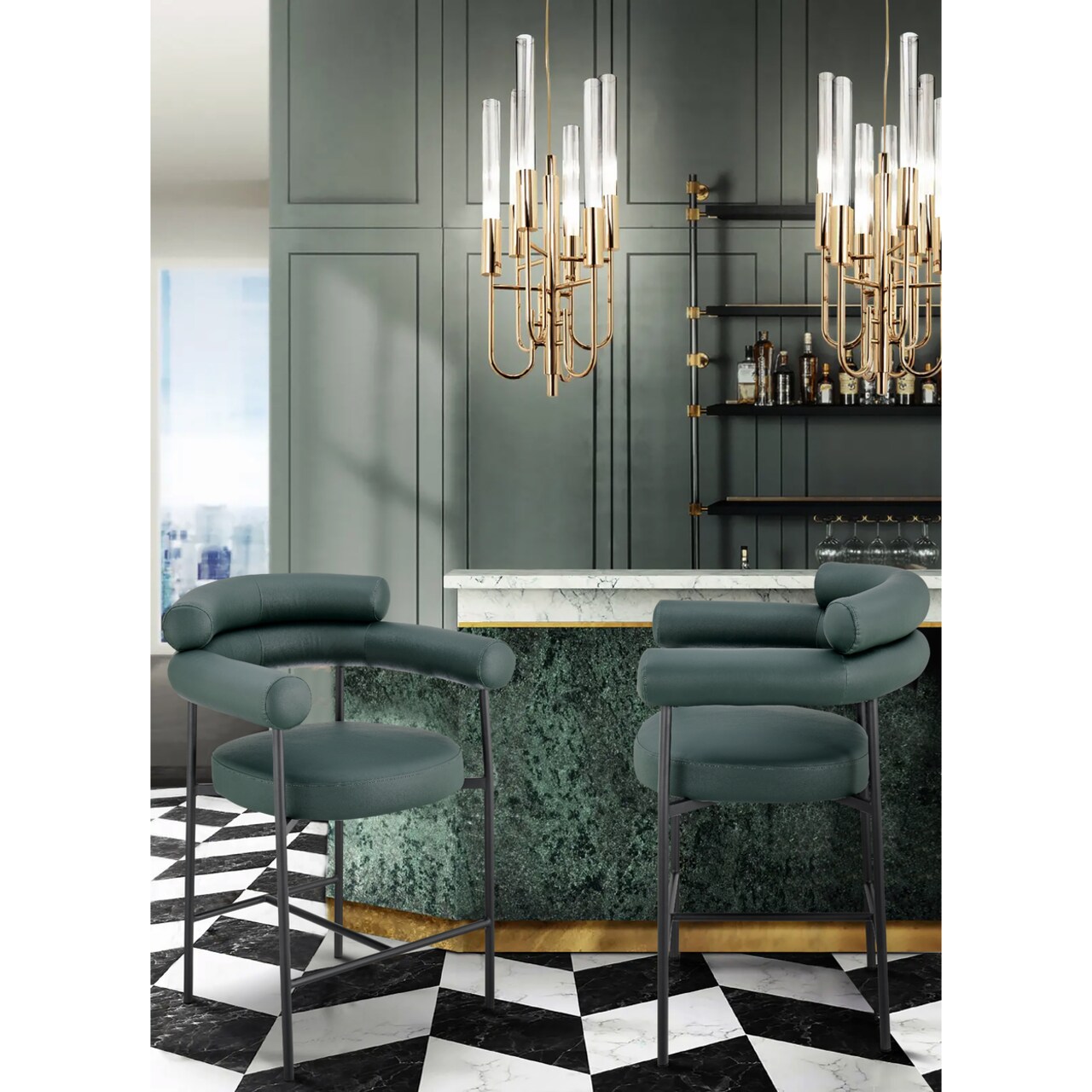 Iconic Home Chubs Counter Stool Chair Faux Leather Upholstered Round Seat Open Back Design Architectural Solid Metal